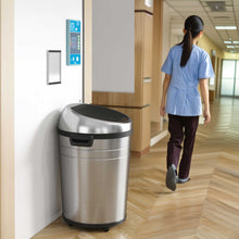 Load image into Gallery viewer, 18 Gallon / 68 Liter Stainless Steel Extra Large Round Sensor Commercial Trash Can with Wheels and Dual Odor Filters in hospital hallway