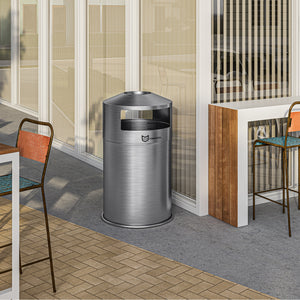 50 Gallon Outdoor Dual Side-Entry Stainless Steel Round Trash Can with Removable Ashtray outdoors