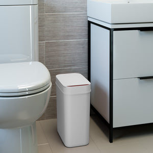 3 Gallon / 10 Liter White Plastic Sensor Trash Can in bathroom