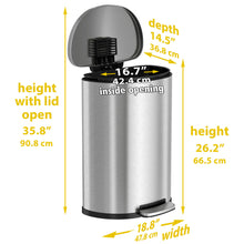 Load image into Gallery viewer, HLS Commercial Semi-Round Step Pedal Waste Receptacle with dimensions