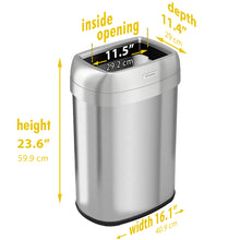 Load image into Gallery viewer, 13 Gallon / 49 Liter Stainless Steel Elliptical Open Top Trash Can dimensions