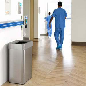 16 Gallon / 61 Liter Stainless Steel Rectangular Open Top Trash Can with Dual Odor Filters in hospital hallway with nurses doctors patients