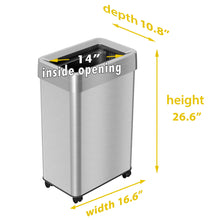 Load image into Gallery viewer, 16 Gallon / 61 Liter Rectangular Stainless Steel Open Top Trash Can with Wheels and Dual Odor Filters dimensions