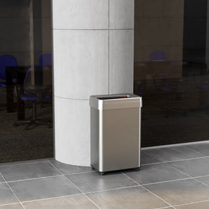 16 Gallon / 61 Liter Rectangular Stainless Steel Open Top Trash Can with Wheels and Dual Odor Filters in office lobby