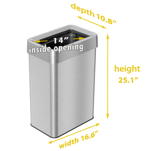 16 Gallon / 61 Liter Stainless Steel Rectangular Open Top Trash Can with Dual Odor Filters dimensions