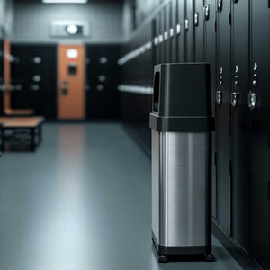18 Gallon Dual Side-Entry Rectangular Stainless Steel Trash Can in gym