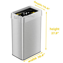 Load image into Gallery viewer, 18 Gallon / 68 Liter Rectangular Stainless Steel Open Top Trash Can with Dual Odor Filters dimensions