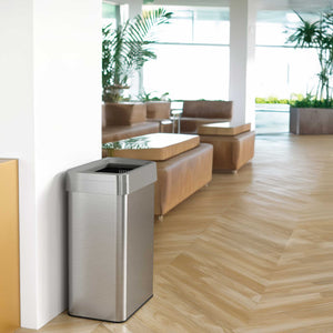 18 Gallon / 68 Liter Rectangular Stainless Steel Open Top Trash Can with Dual Odor Filters in hotel lobby