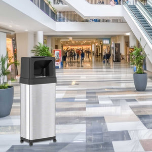 24 Gallon Dual Push Door Rectangular Stainless Steel Trash Can with AbsorbX Odor Control and Wheels in shopping mall lobby