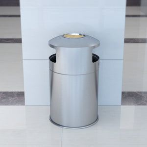 50 Gallon Indoor Dual Side-Entry Stainless Steel Round Trash Can with Removable Ashtray in office