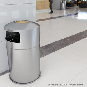 50 Gallon Outdoor Dual Side-Entry Stainless Steel Round Trash Can with Removable Ashtray in lobby