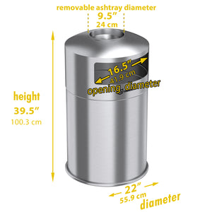 50 Gallon Outdoor Dual Side-Entry Stainless Steel Round Trash Can with Removable Ashtray dimensions