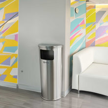 Load image into Gallery viewer, 9 Gallon Stainless Steel Half-Round Side-Entry Trash Can in hotel lobby