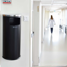 Load image into Gallery viewer, 9 Gallon Black Powder-Coated Steel Half-Round Side-Entry Trash Can in hospital hallway