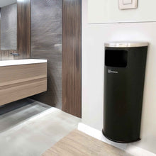 Load image into Gallery viewer, 9 Gallon Black Powder-Coated Steel Half-Round Side-Entry Trash Can in shoppingmall restroom