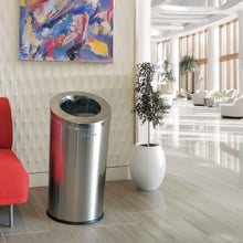 Load image into Gallery viewer, 15 Gallon Stainless Steel Round Beveled Open Top Trash Can in hotel lobby