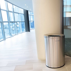 26 Gallon Stainless Steel Round Open Top Trash Can in office lobby