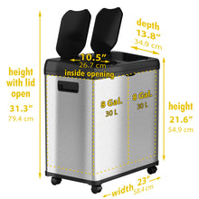 Load image into Gallery viewer, HLS Commercial 16 Gal Dual Bin Sensor Waste Receptacle with Wheels dimensions