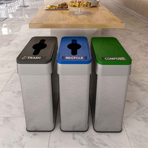 HLS21UOTTRIO Trash Recycle and Compost Bin Set in cafeteria buffet restaurant