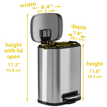 Load image into Gallery viewer, HLS Commercial 1.32 Gal Step Pedal Waste Receptacle with dimensions