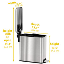 Load image into Gallery viewer, HLS Commercial Slim 3 Gal Step Pedal Waste Receptacle with dimensions