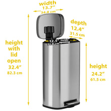 Load image into Gallery viewer, HLS Commercial 8 Gal Step Pedal Waste Receptacle with dimensions