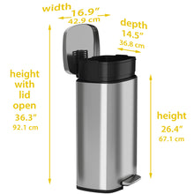 Load image into Gallery viewer, HLS Commercial Step Pedal Waste Receptacle with dimensions